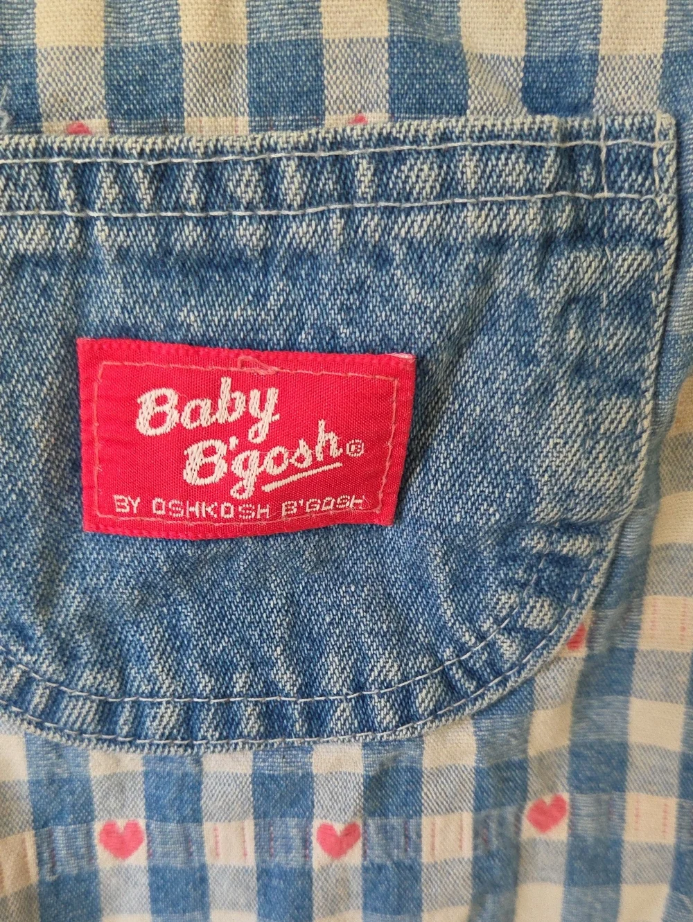 Vintage 90s OshKosh B'gosh Gingham Heart Jumper Denim Pocket Plaid Dress 18M
